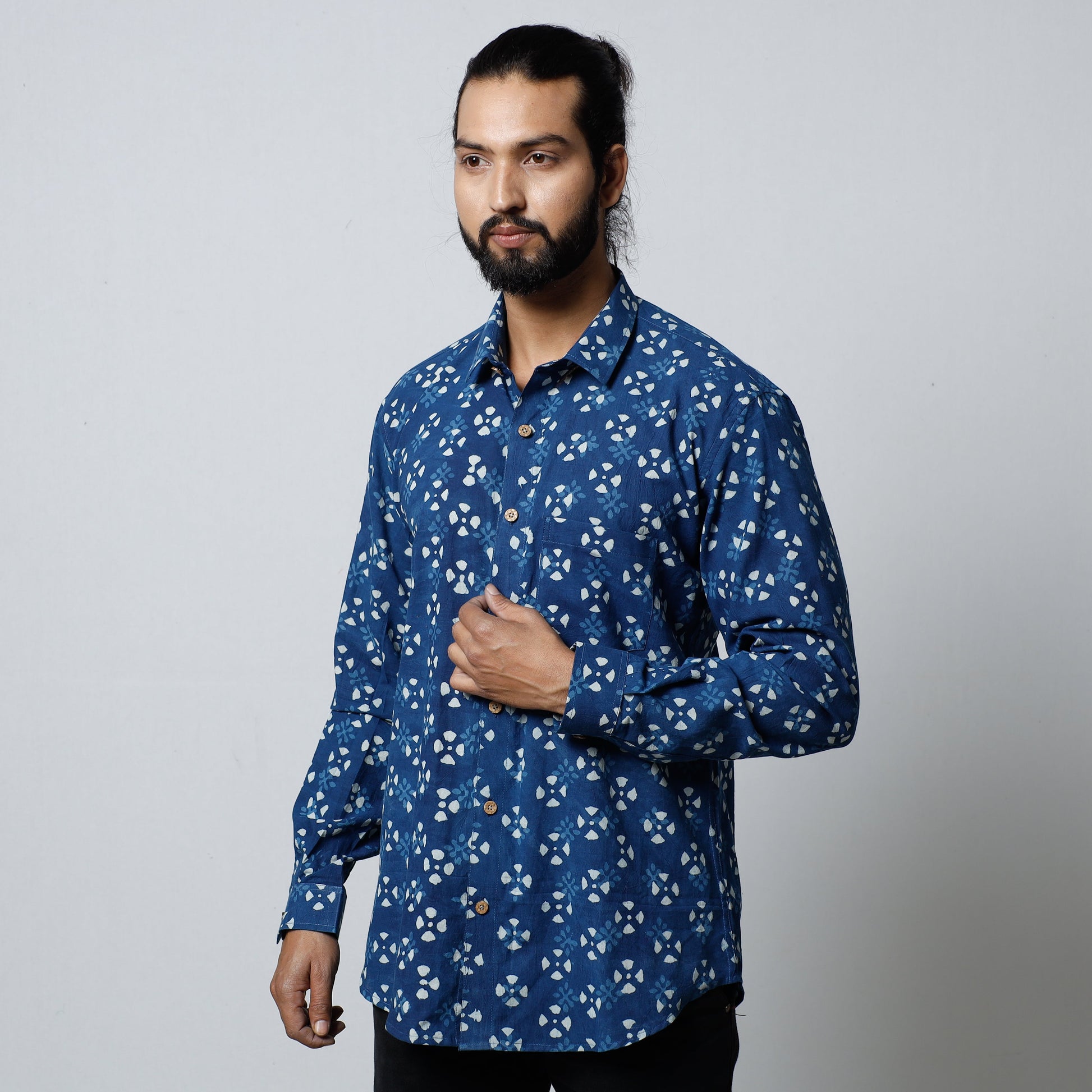 Blue - Bagru Block Printed Cotton Men Full Sleeve Shirt