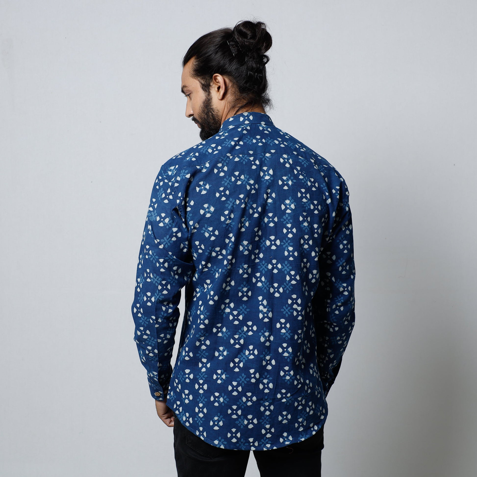 Blue - Bagru Block Printed Cotton Men Full Sleeve Shirt