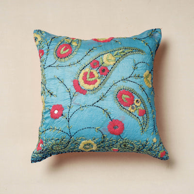 Blue - Chanderi Silk Phulkari Hand Embroidered Cushion Cover