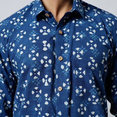 Blue - Bagru Block Printed Cotton Men Full Sleeve Shirt