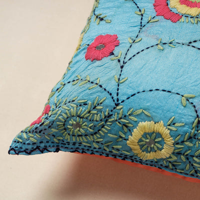 Blue - Chanderi Silk Phulkari Hand Embroidered Cushion Cover