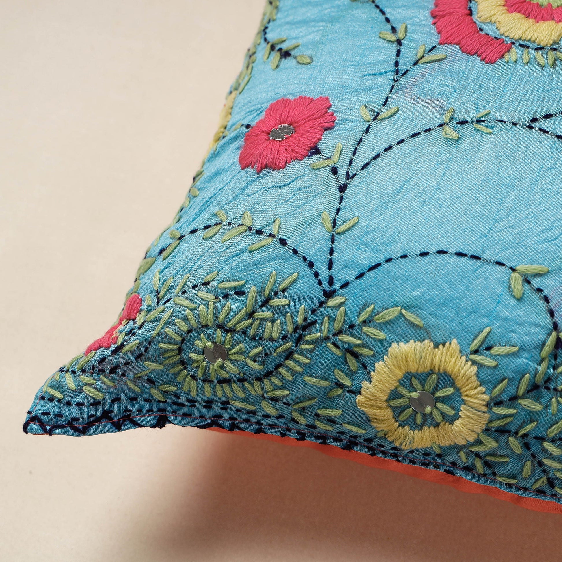 Blue - Chanderi Silk Phulkari Hand Embroidered Cushion Cover