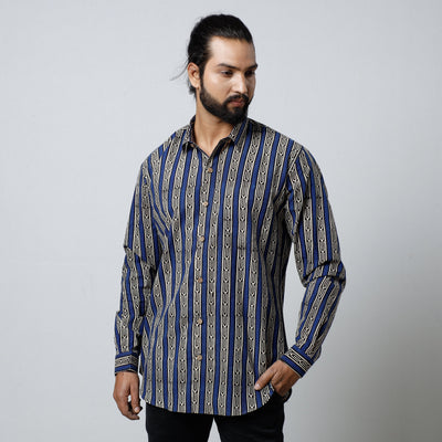 Blue - Bagru Block Printed Cotton Men Full Sleeve Shirt