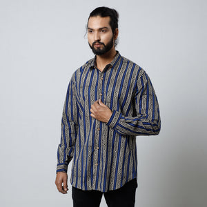 Blue - Bagru Block Printed Cotton Men Full Sleeve Shirt