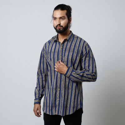 Blue - Bagru Block Printed Cotton Men Full Sleeve Shirt