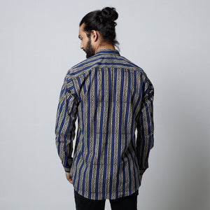 Blue - Bagru Block Printed Cotton Men Full Sleeve Shirt