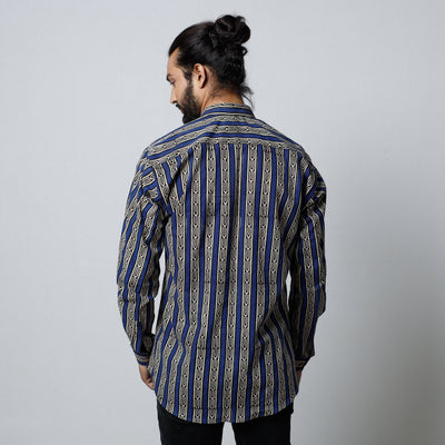 Blue - Bagru Block Printed Cotton Men Full Sleeve Shirt
