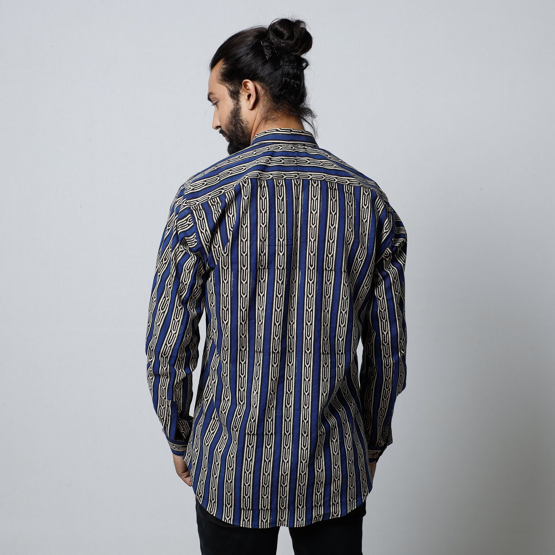 Blue - Bagru Block Printed Cotton Men Full Sleeve Shirt