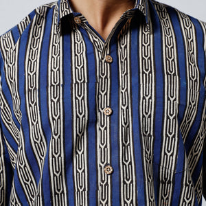 Blue - Bagru Block Printed Cotton Men Full Sleeve Shirt