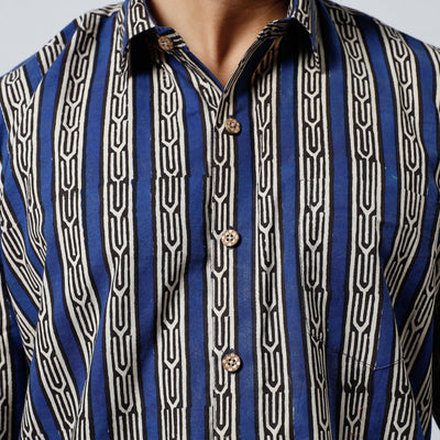 Blue - Bagru Block Printed Cotton Men Full Sleeve Shirt