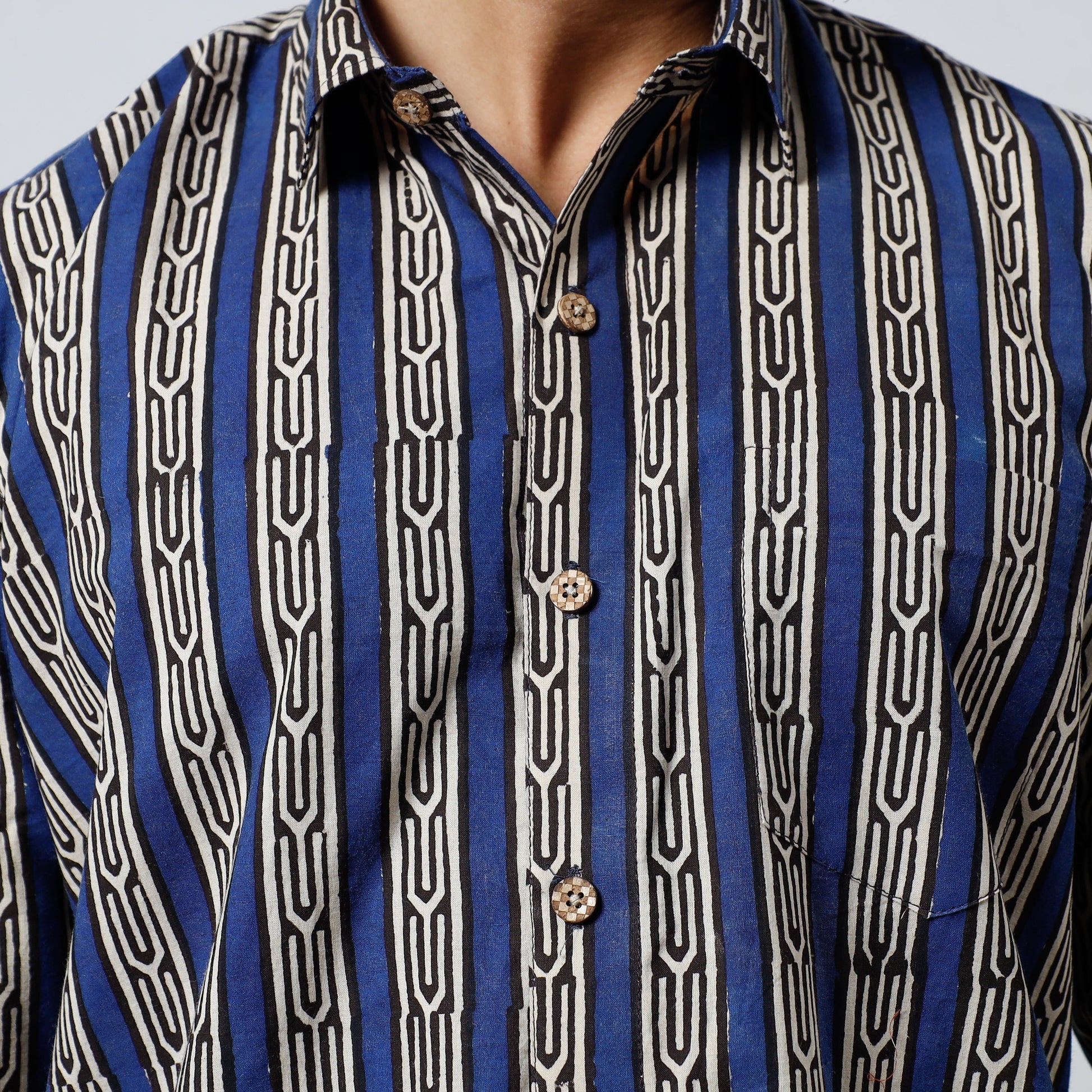 Blue - Bagru Block Printed Cotton Men Full Sleeve Shirt