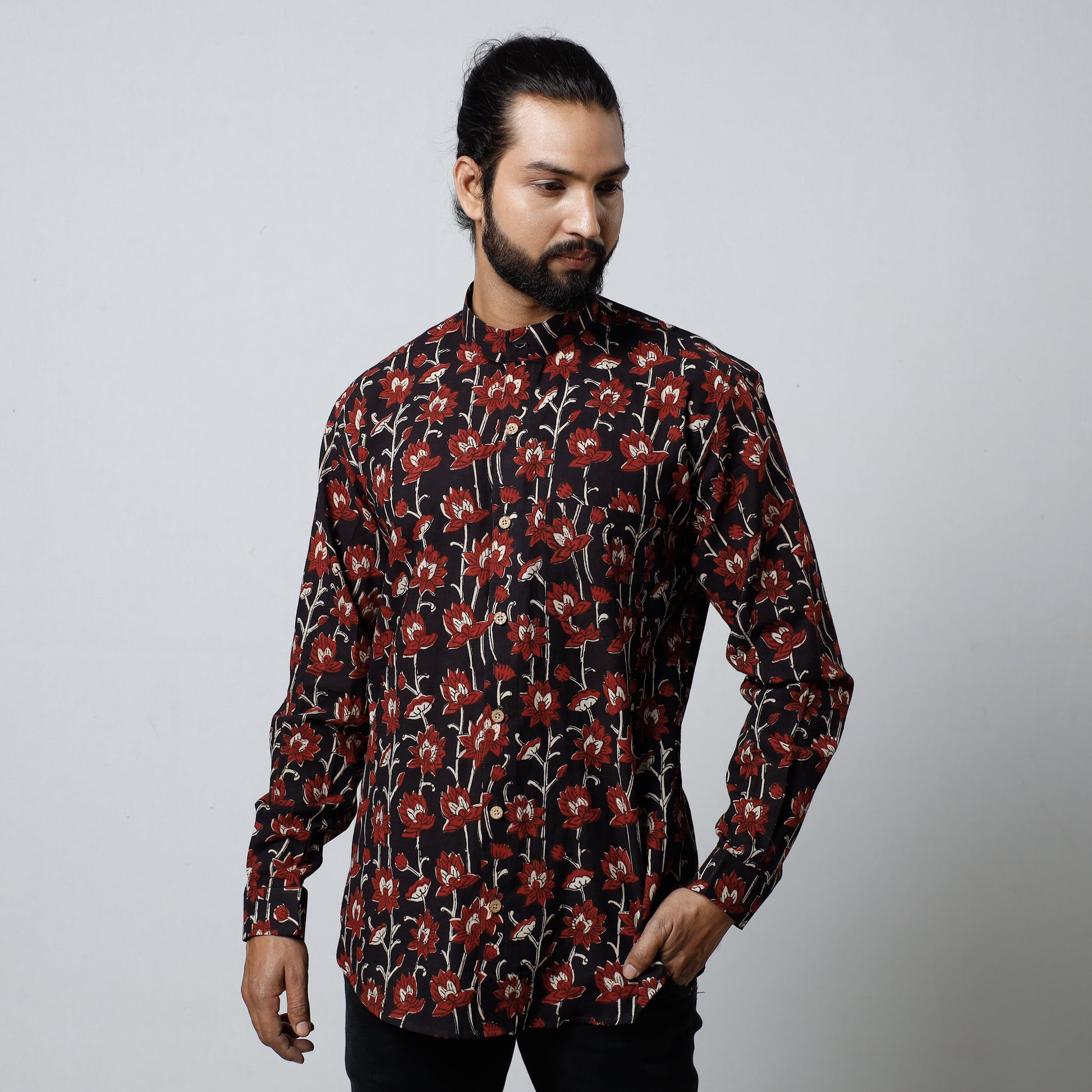 Black - Bagru Block Printed Cotton Men Full Sleeve Shirt