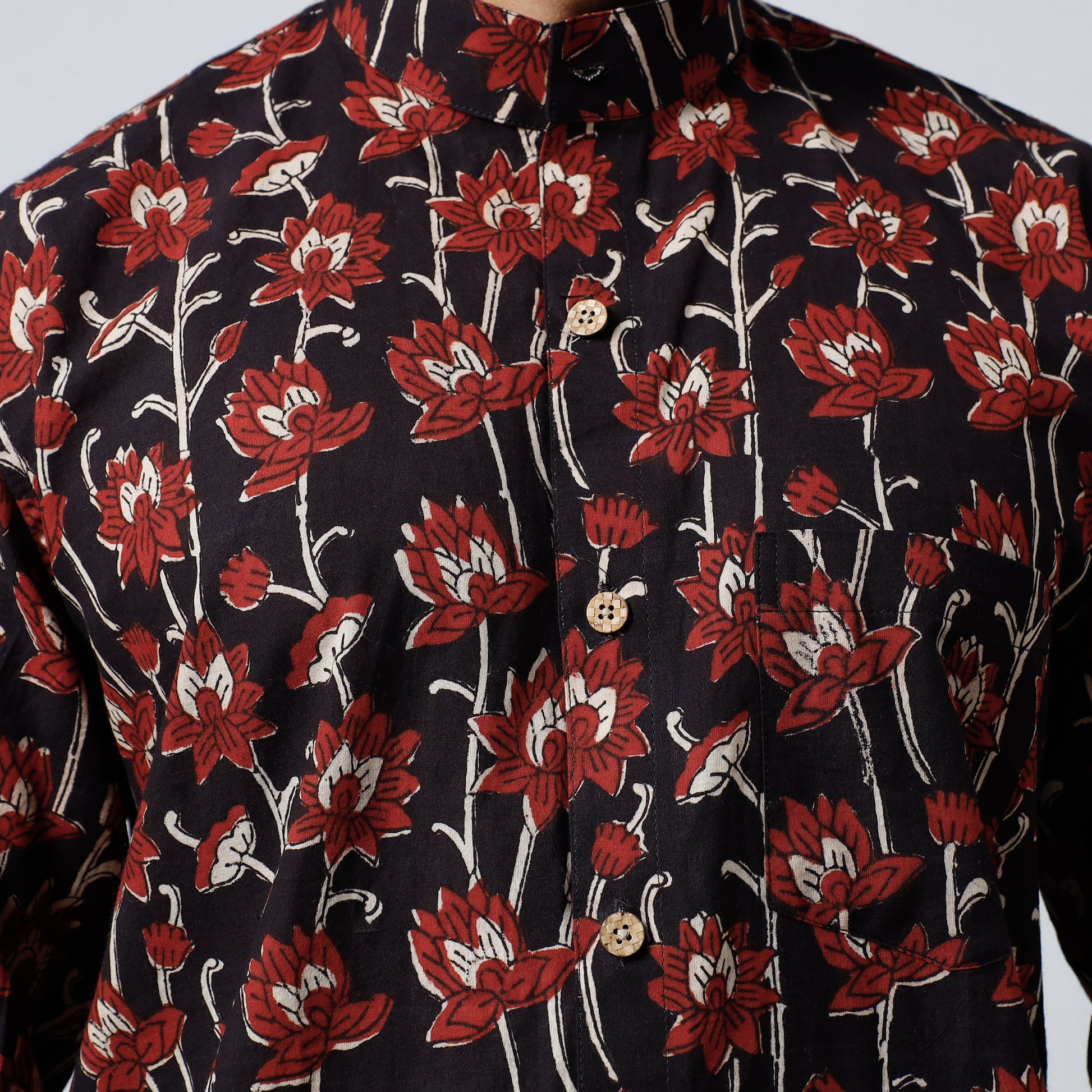 Black - Bagru Block Printed Cotton Men Full Sleeve Shirt