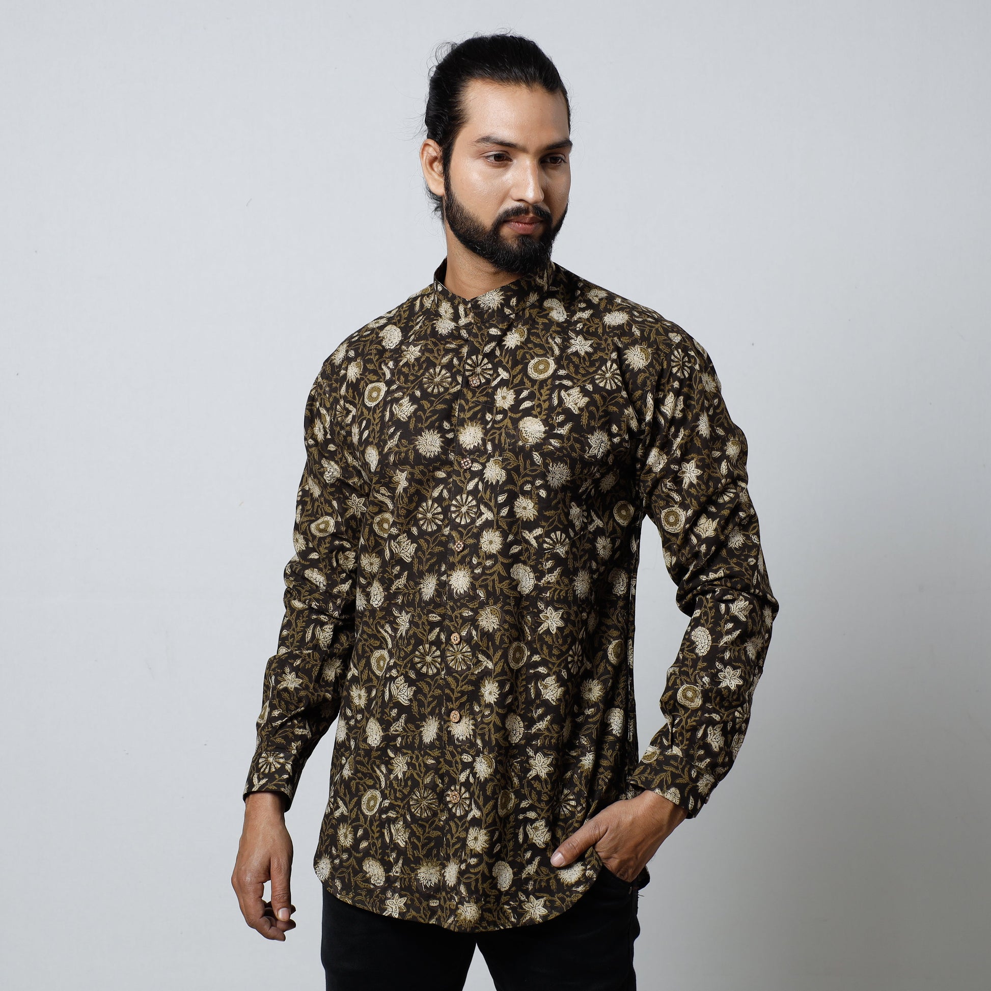 Black - Bagru Block Printed Cotton Men Full Sleeve Shirt