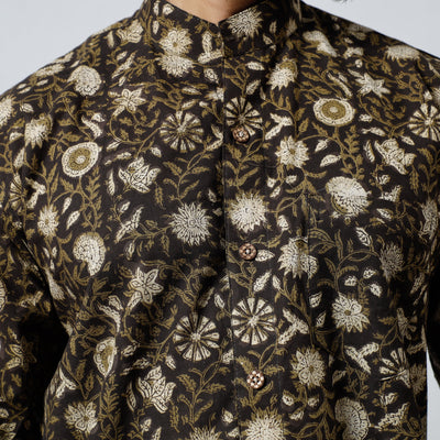 Black - Bagru Block Printed Cotton Men Full Sleeve Shirt