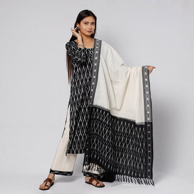 Black - Pochampally Ikat Weave Cotton Kurta with Palazzo & Dupatta Set