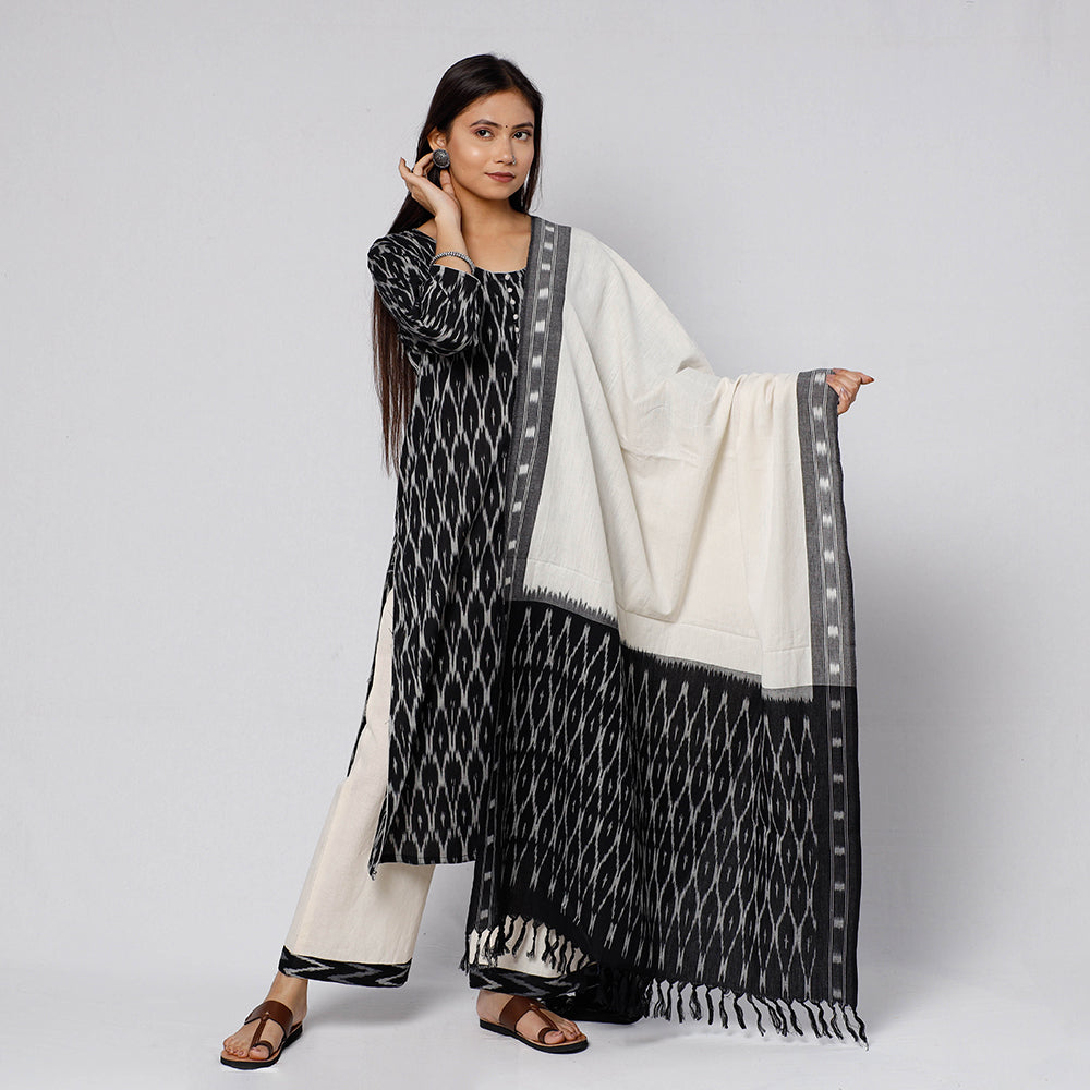 Black - Pochampally Ikat Weave Cotton Kurta with Palazzo & Dupatta Set