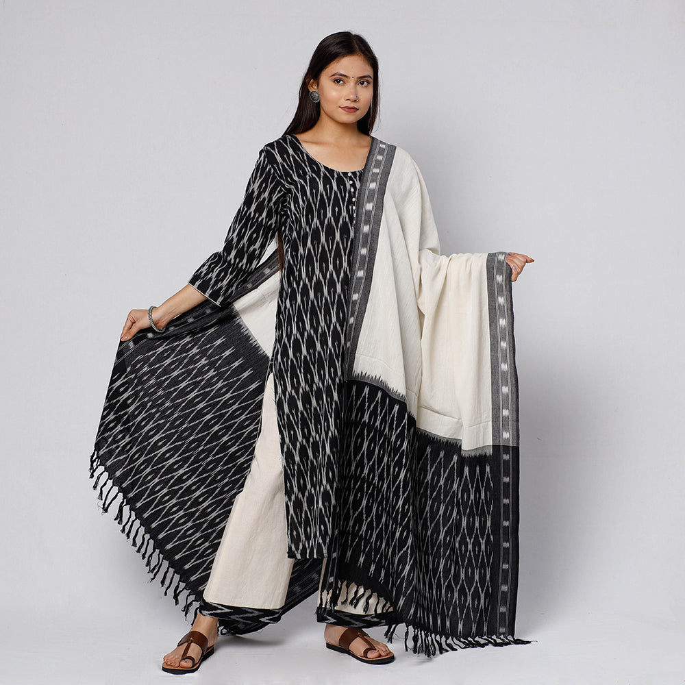 Black - Pochampally Ikat Weave Cotton Kurta with Palazzo & Dupatta Set