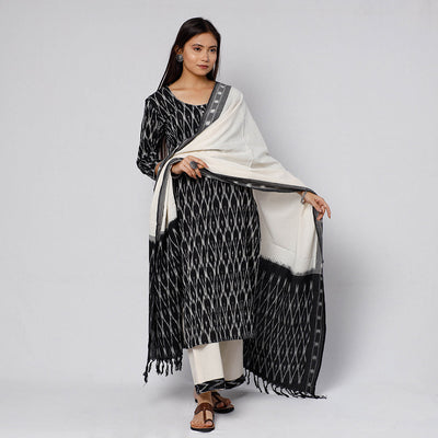 Black - Pochampally Ikat Weave Cotton Kurta with Palazzo & Dupatta Set