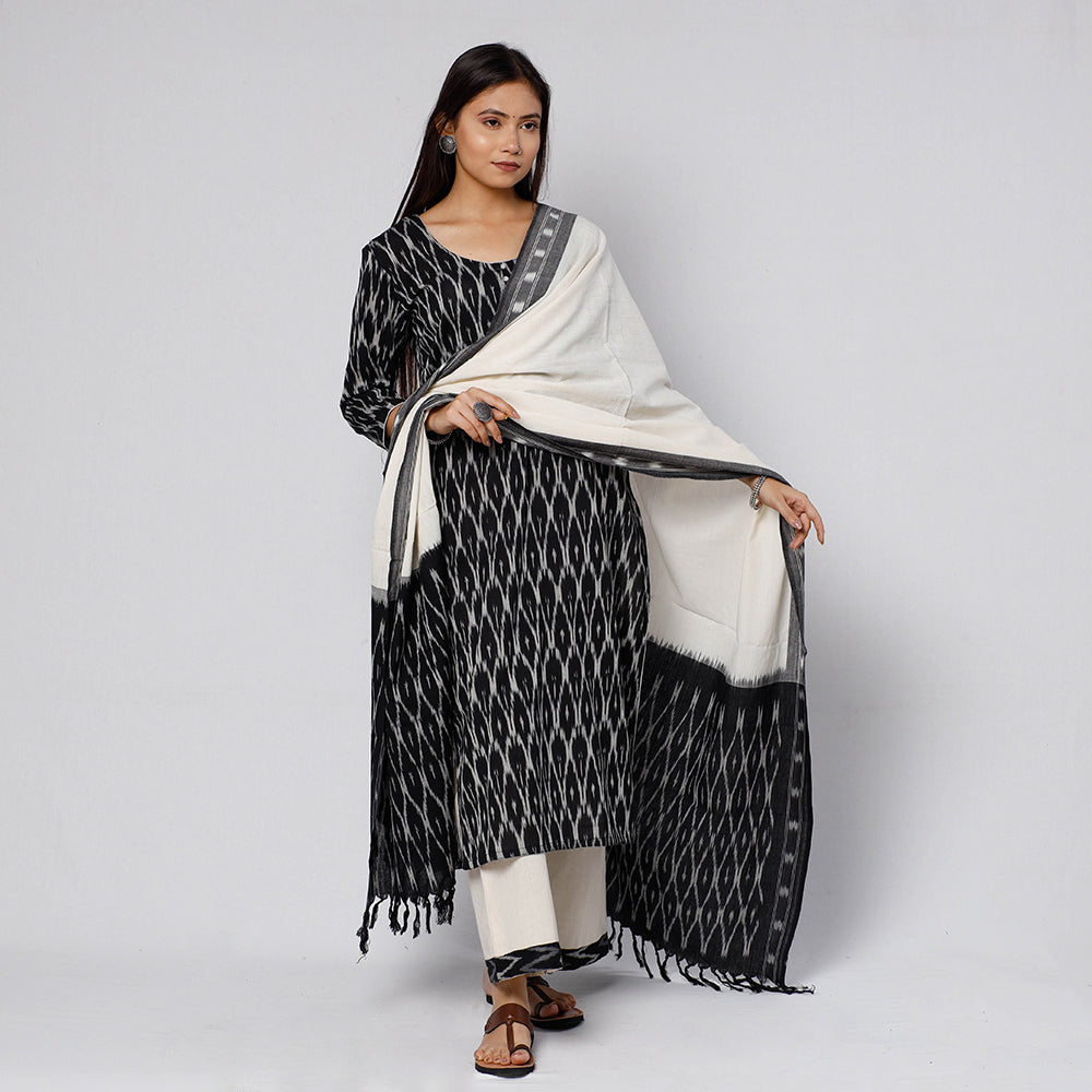 Black - Pochampally Ikat Weave Cotton Kurta with Palazzo & Dupatta Set