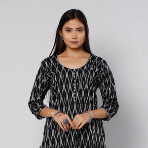 Black - Pochampally Ikat Weave Cotton Kurta with Palazzo & Dupatta Set