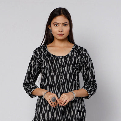 Black - Pochampally Ikat Weave Cotton Kurta with Palazzo & Dupatta Set