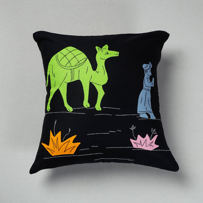 Black - Pipli Applique Work Cotton Cushion Cover (16 x 16 in)