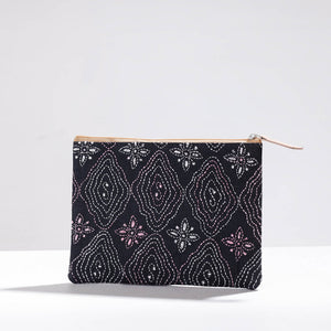 Black - Handcrafted Kantha Embroidery Multipurpose Pouch