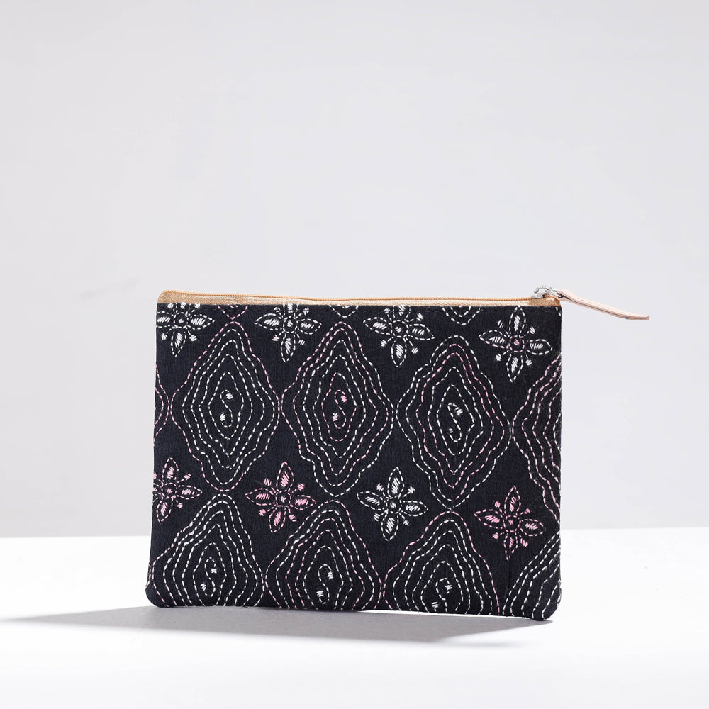Black - Handcrafted Kantha Embroidery Multipurpose Pouch