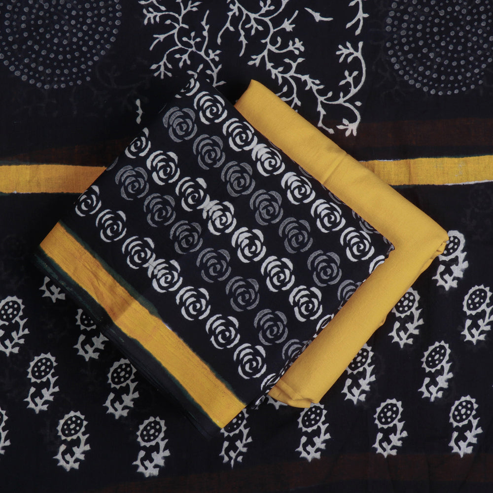 Black - 3pc Hand Block Printed Cotton Suit Material Set