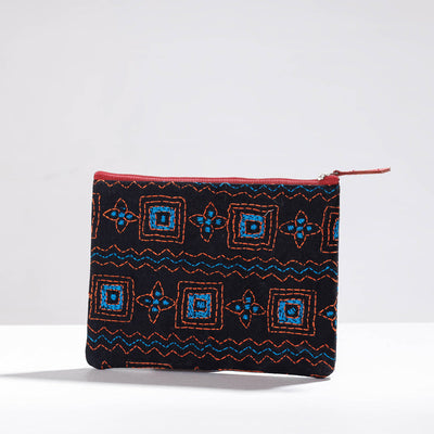 Black - Handcrafted Kantha Embroidery Multipurpose Pouch