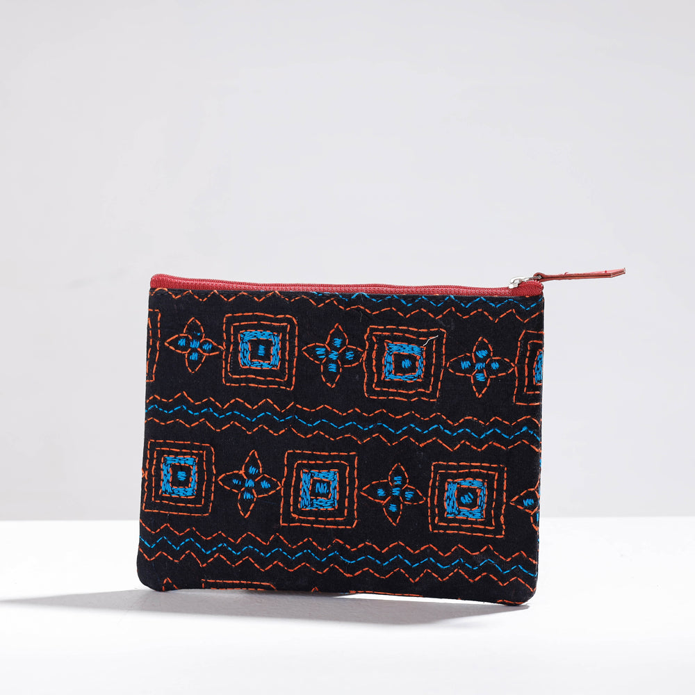 Black - Handcrafted Kantha Embroidery Multipurpose Pouch