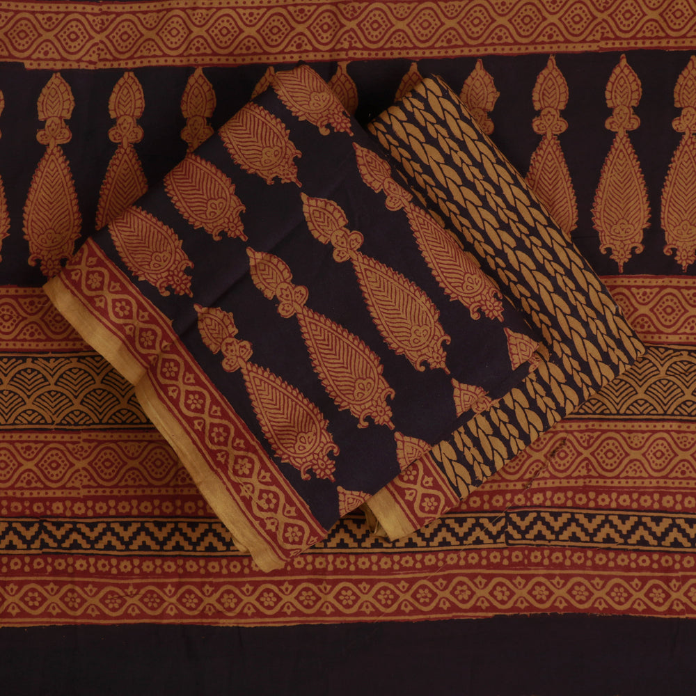 Black - 3pc Natural Dyed Cotton Bagh Print Suit Material Set