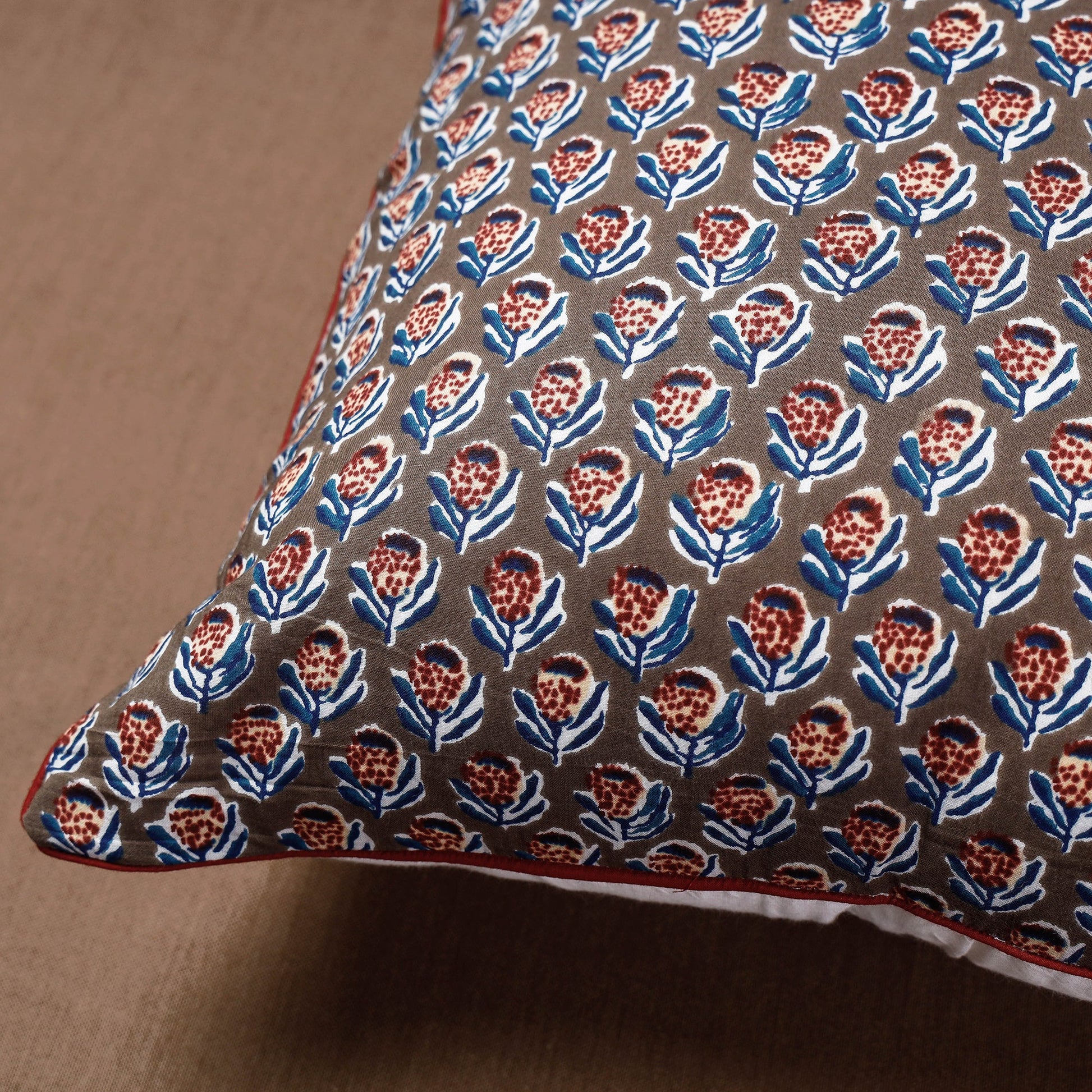Brown - Block Print Cotton Sanganeri Cushion Cover (16 x 16 in)