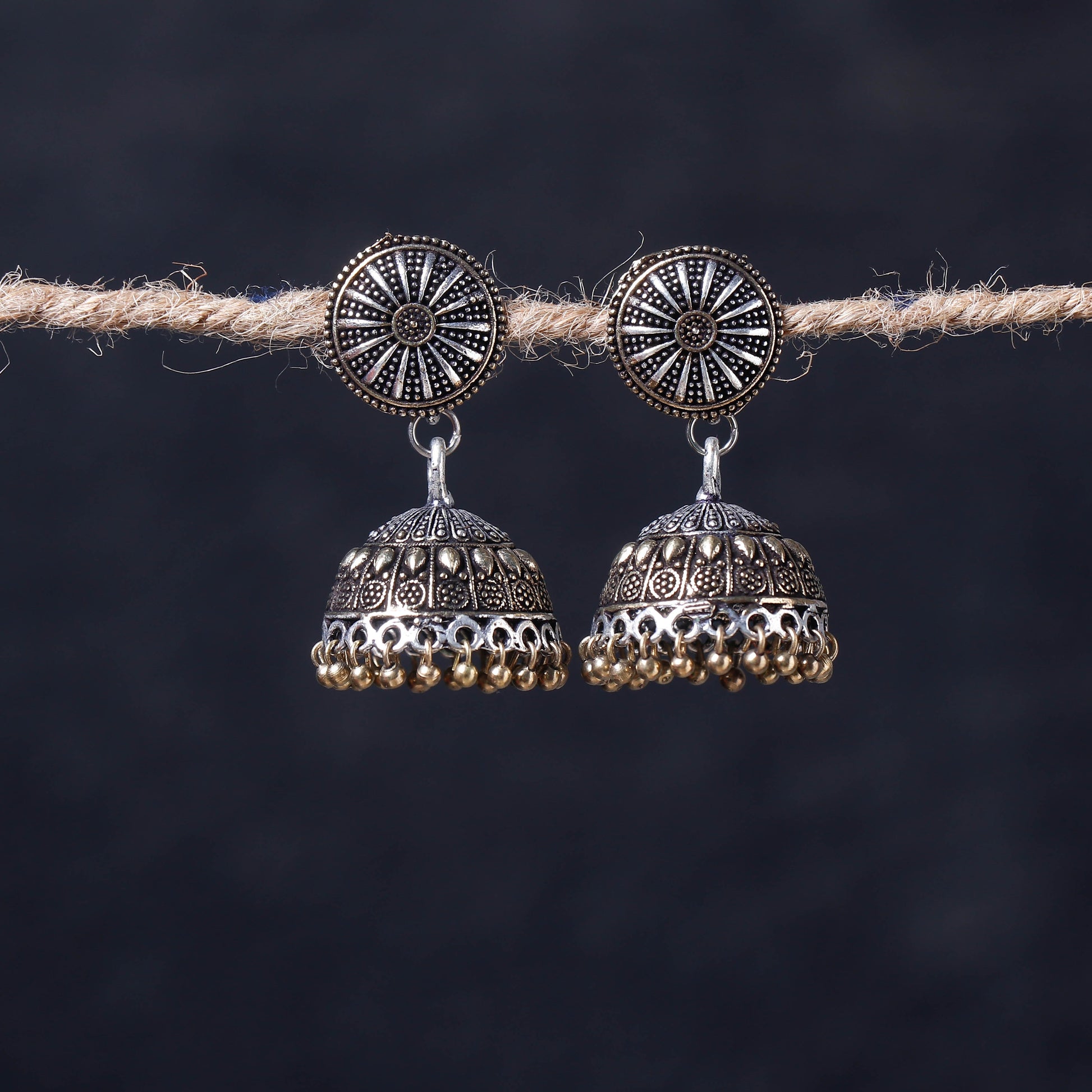 Antique Silver Finish Oxidised Brass Base Jhumka Earrings