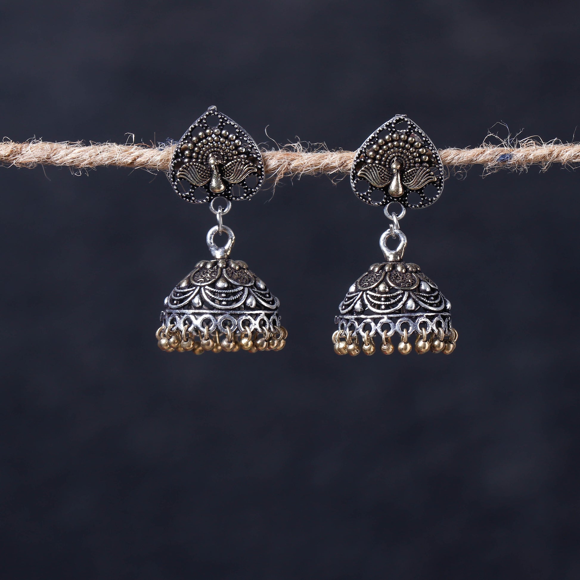 Antique Silver Finish Oxidised Brass Base Jhumka Earrings