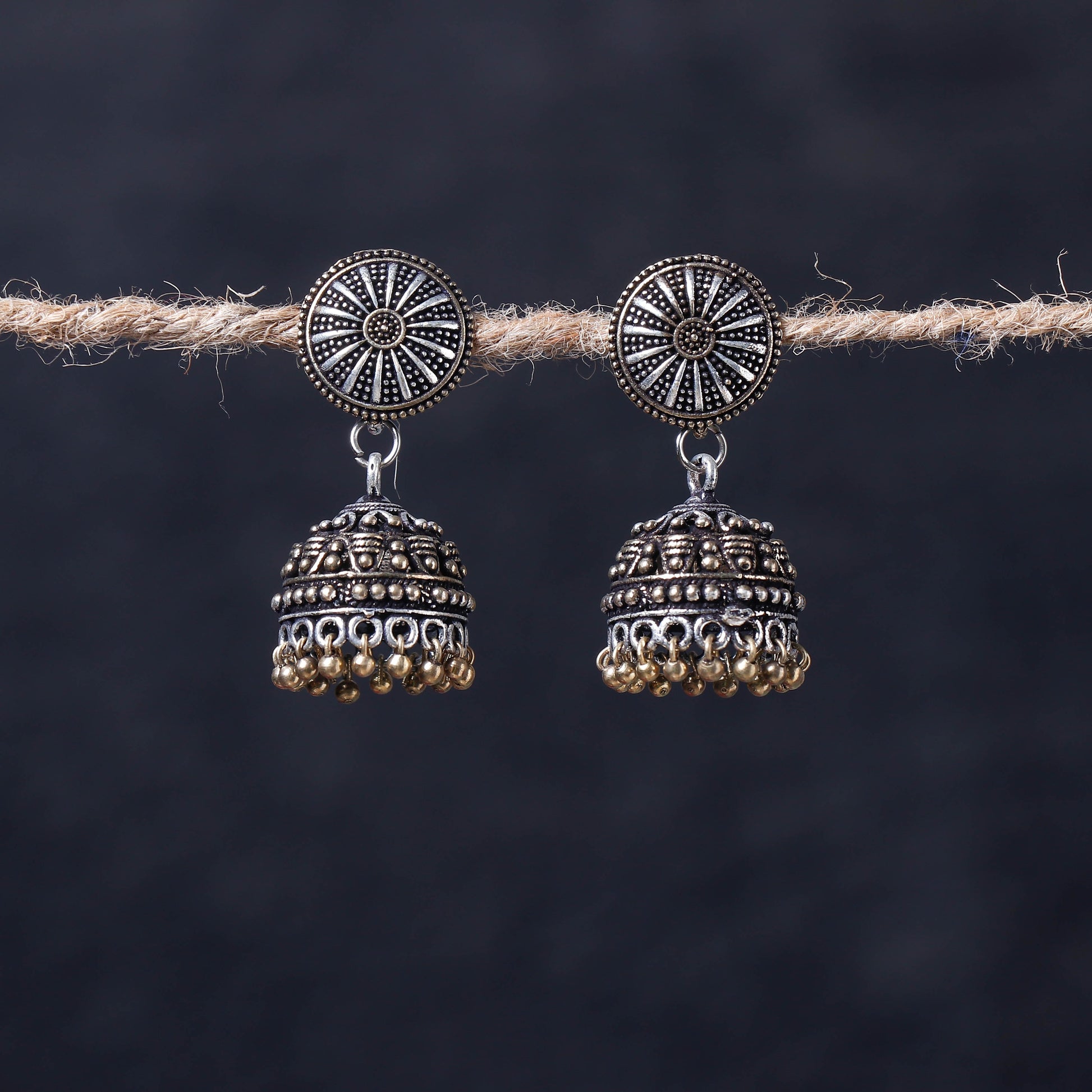 Antique Silver Finish Oxidised Brass Base Jhumka Earrings