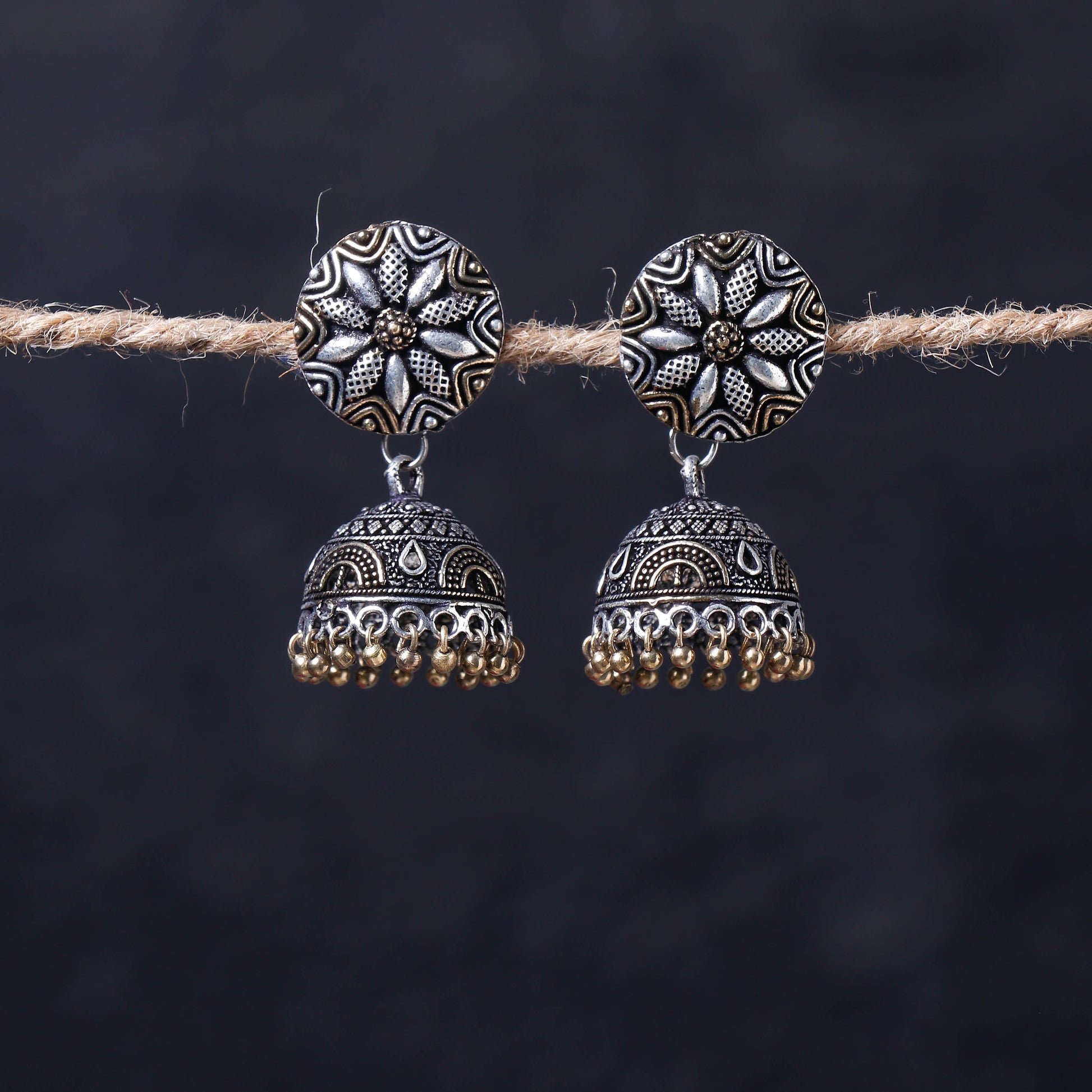 Antique Silver Finish Oxidised Brass Base Jhumka Earrings
