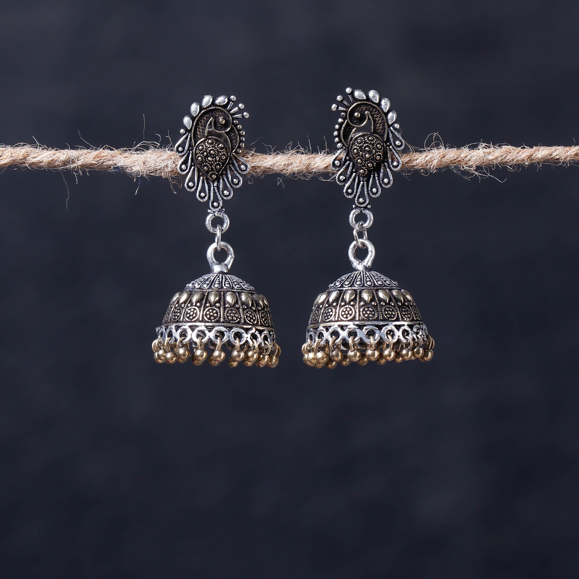 Antique Silver Finish Oxidised Brass Base Jhumka Earrings