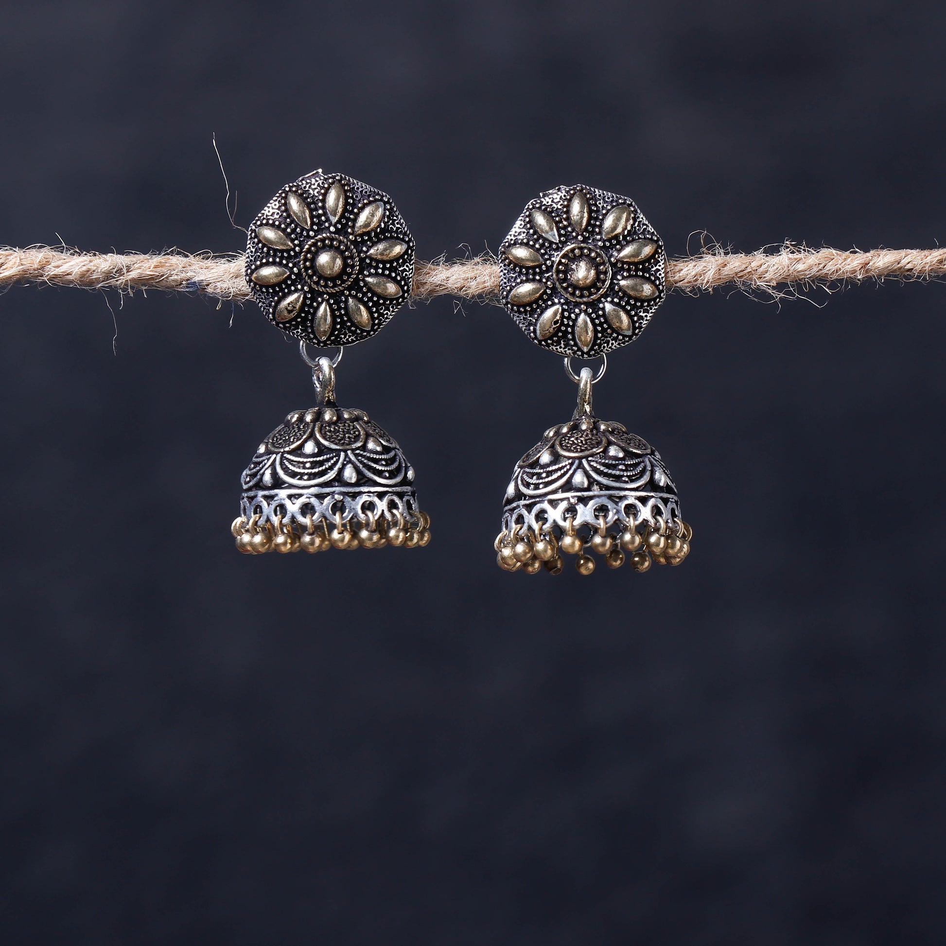 Antique Silver Finish Oxidised Brass Base Jhumka Earrings