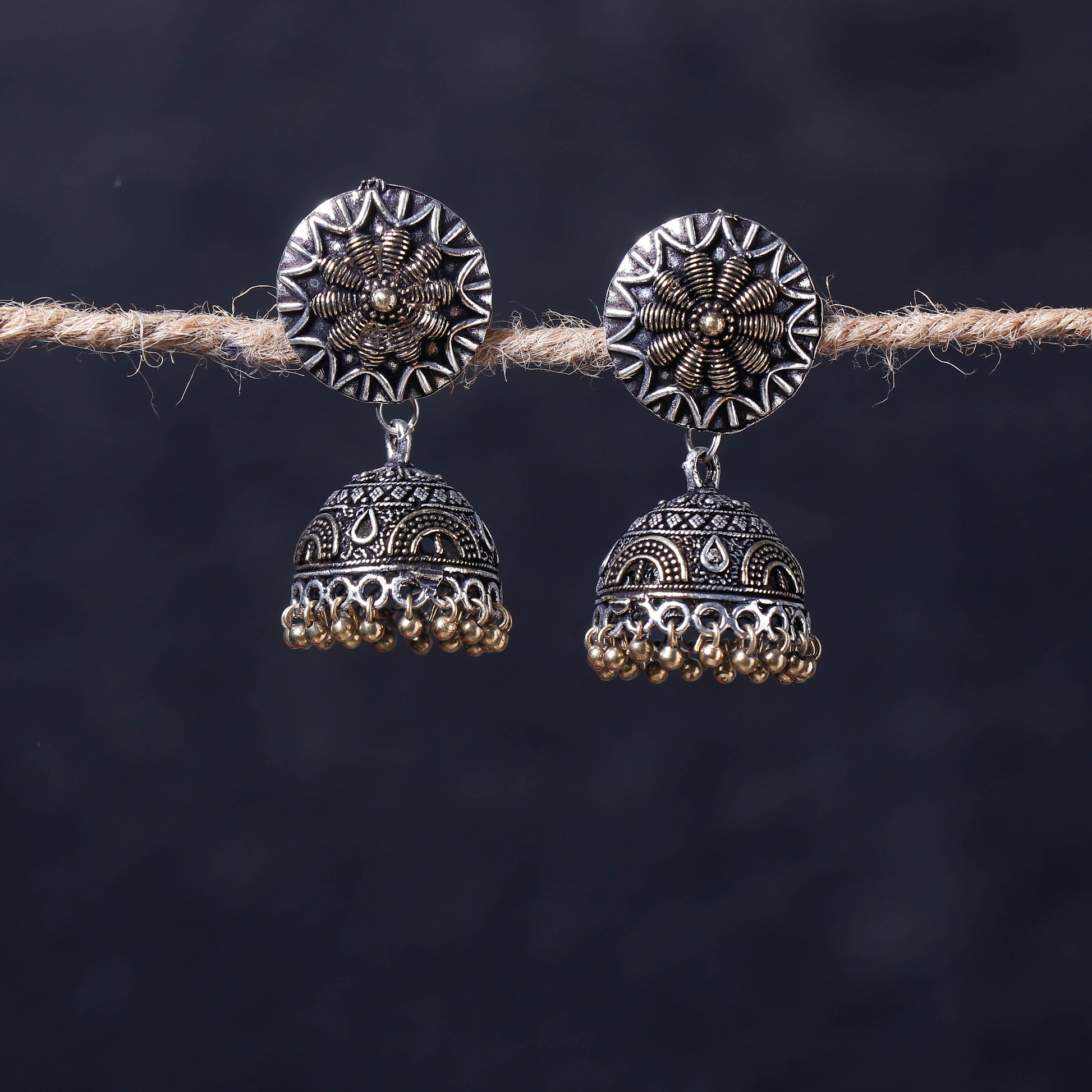 Antique Silver Finish Oxidised Brass Base Jhumka Earrings