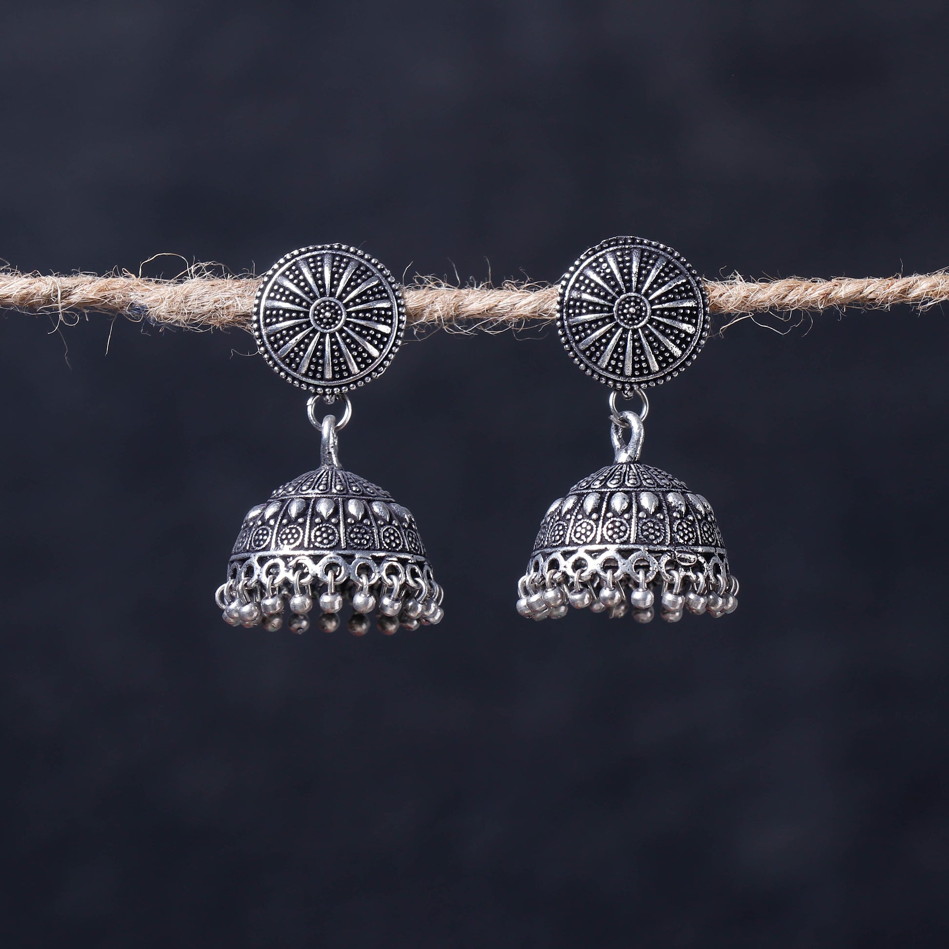 Antique Silver Finish Oxidised Brass Base Jhumka Earrings