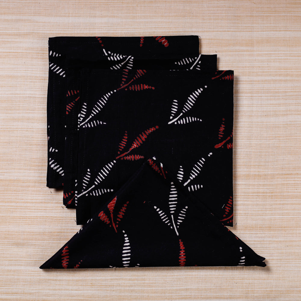 Black - Set of 4 Sanganeri Hand Block Print Cotton Table Napkin - (17 x 17 in)