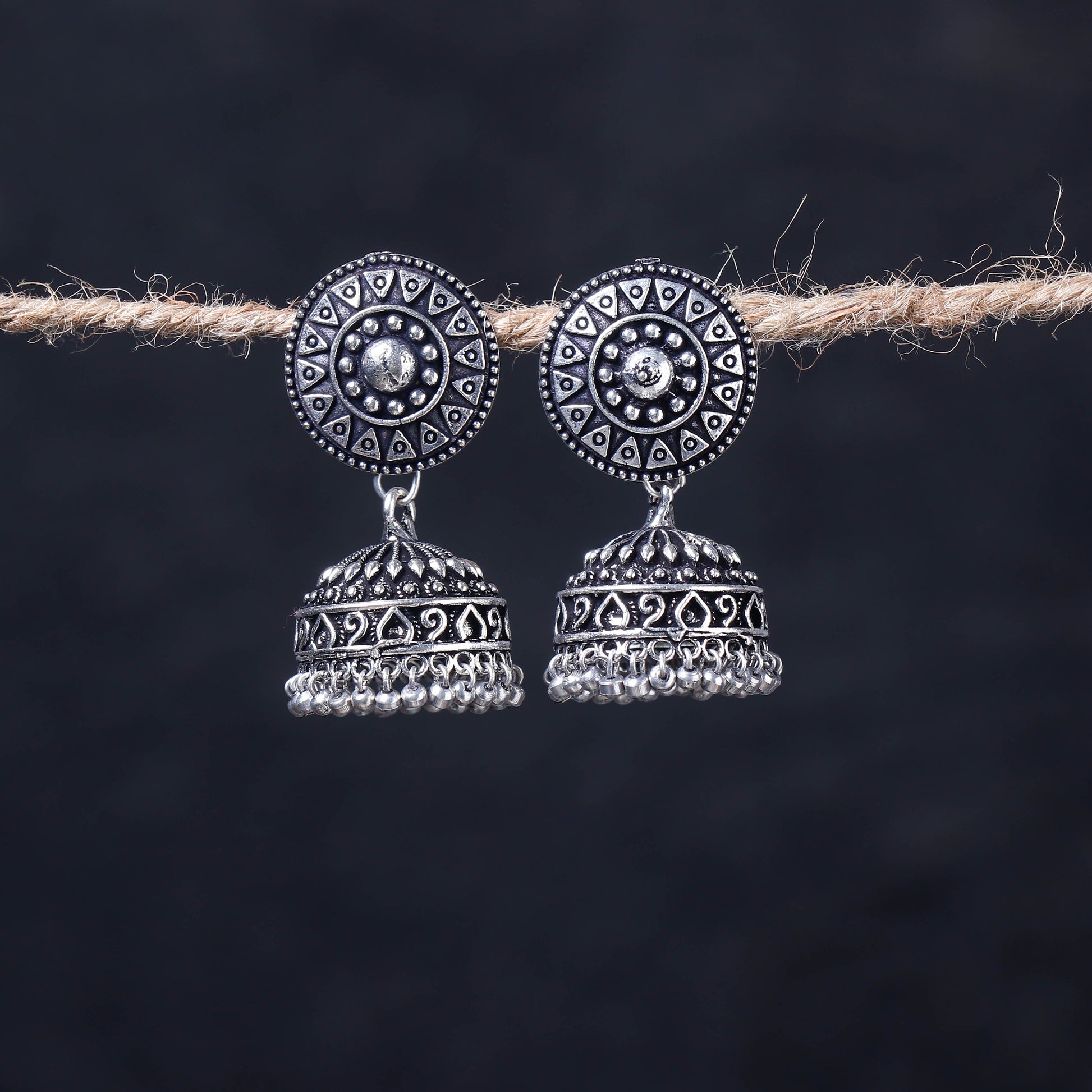 Antique Silver Finish Oxidised Brass Base Jhumka Earrings