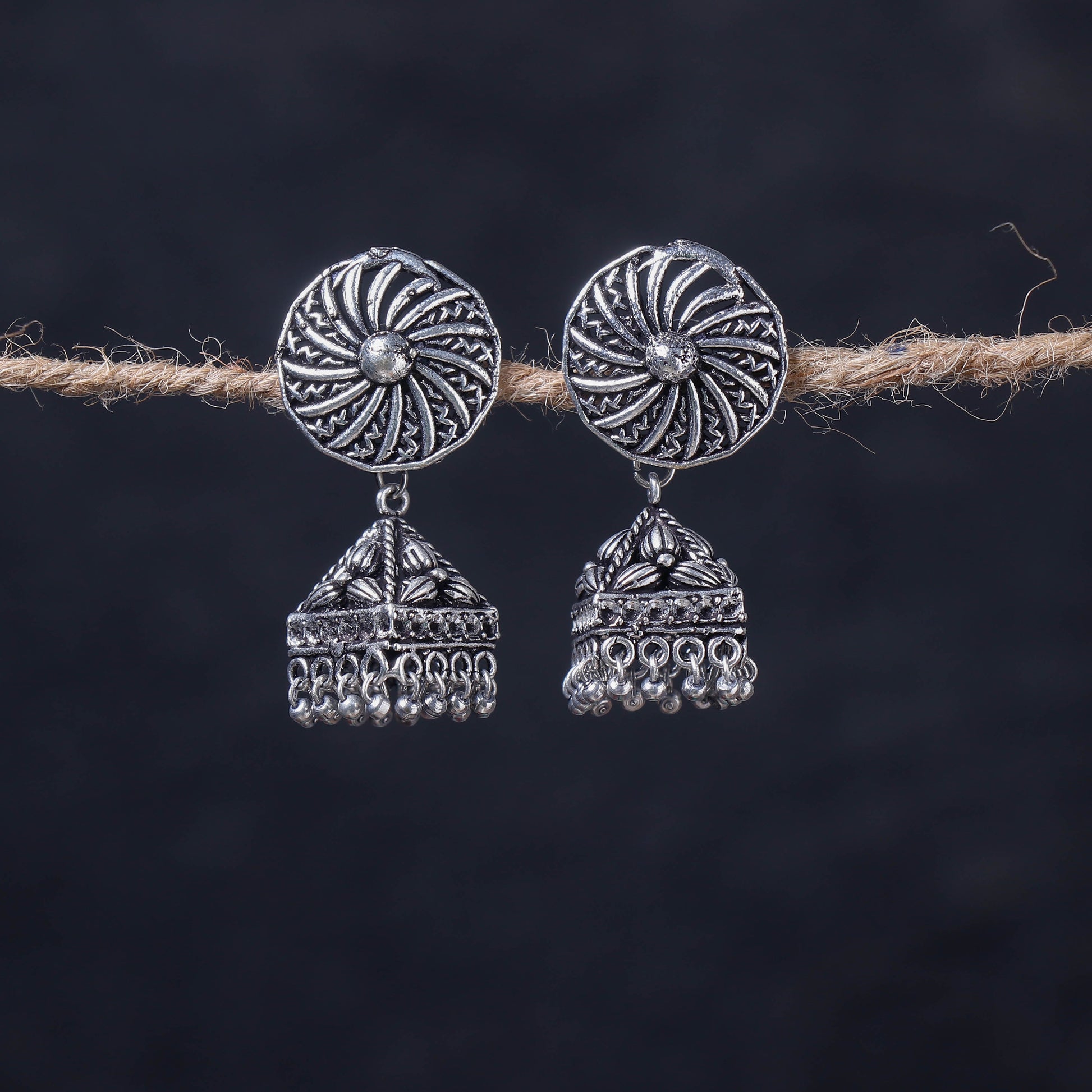 Antique Silver Finish Oxidised Brass Base Jhumka Earrings