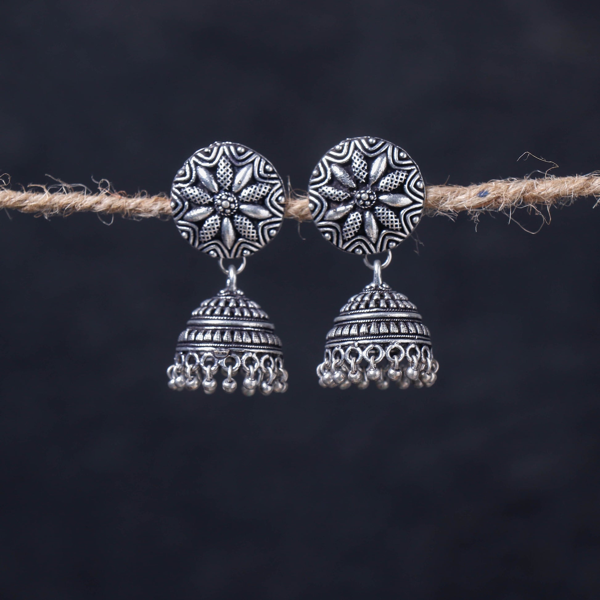 Antique Silver Finish Oxidised Brass Base Jhumka Earrings