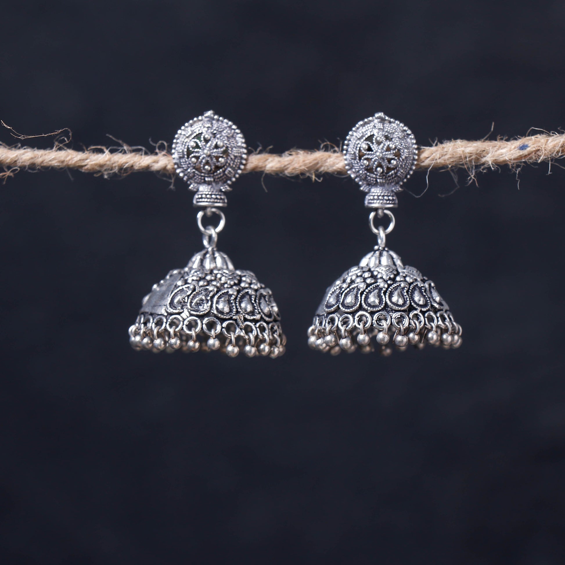 Antique Silver Finish Oxidised Brass Base Jhumka Earrings