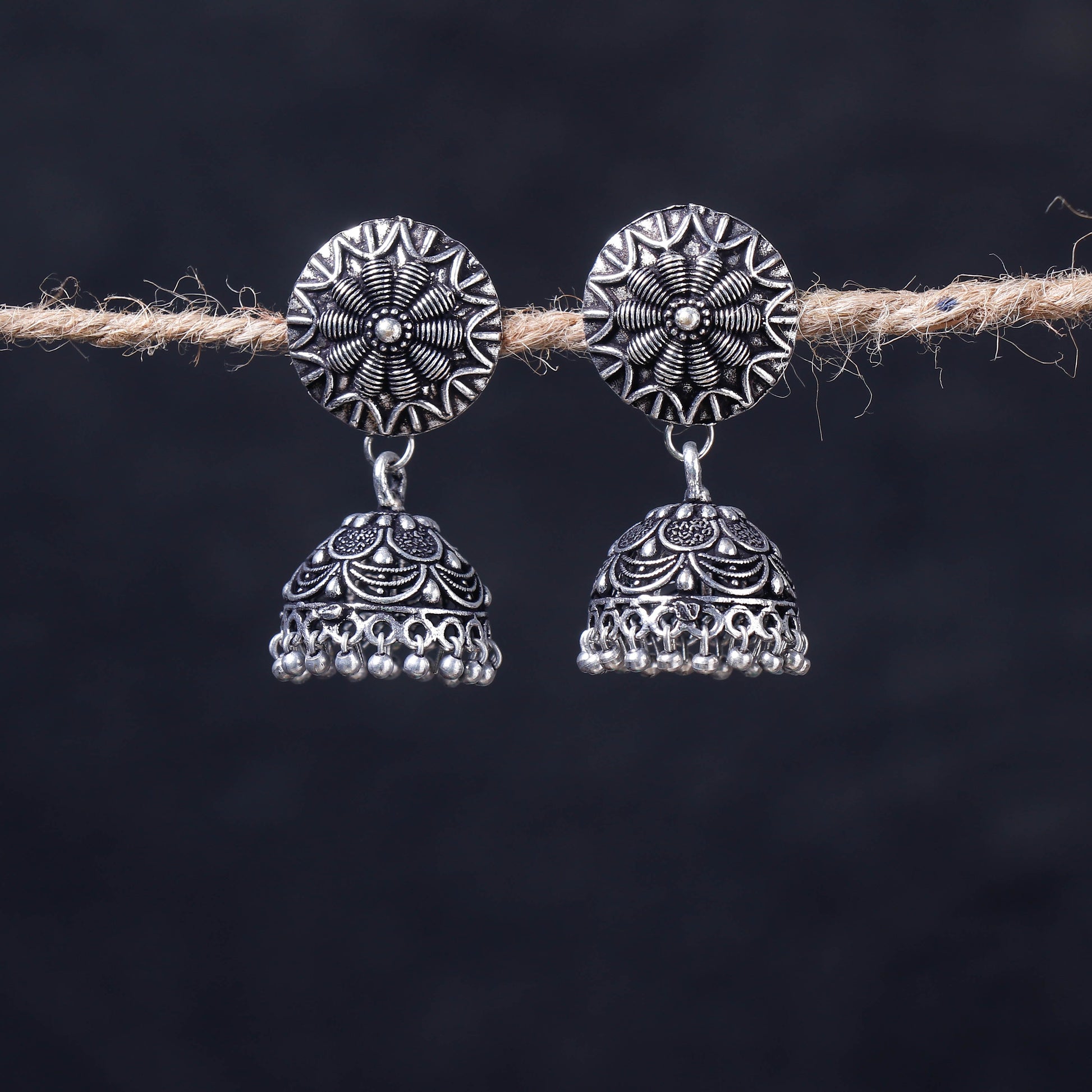 Antique Silver Finish Oxidised Brass Base Jhumka Earrings