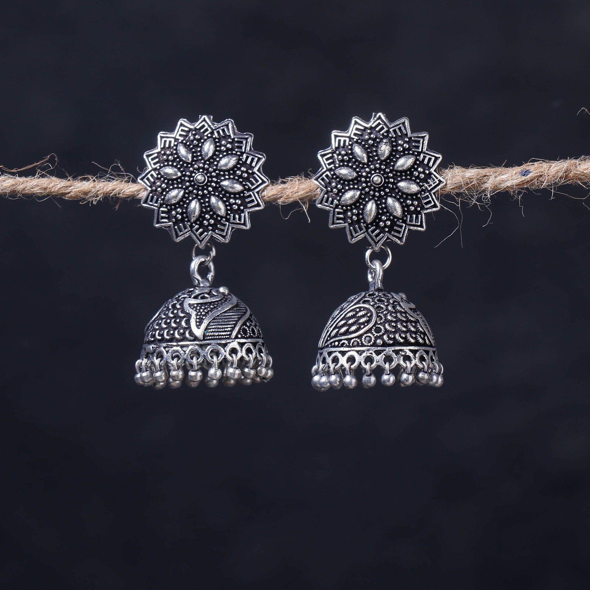 Antique Silver Finish Oxidised Brass Base Jhumka Earrings