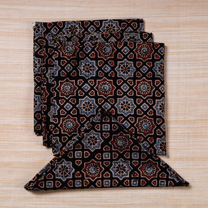 Black - Set of 4 Ajrakh Hand Block Print Cotton Table Napkin - (17 x 17 in)